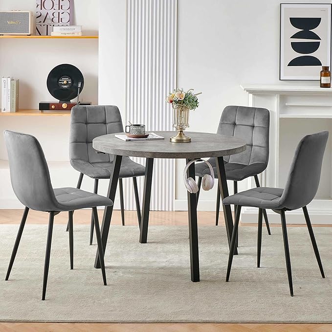 Modern 4-Person Round Dining Table Set, Space-Saving for Kitchen, Living Room, Apartment, Includes Dining Table & 4 Grey Chairs,Small Dining Room Set for 4