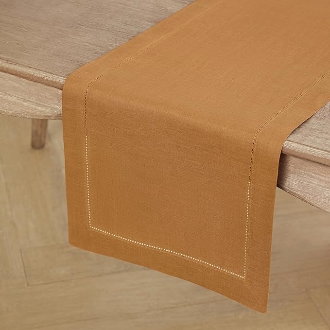 Solino Home Linen Brown Sugar Table Runner 72 Inches Long - 100% Pure Linen Hemstitch Table Runner 14 x 72 Inch for Dresser, Dining - Classic Hemstitch