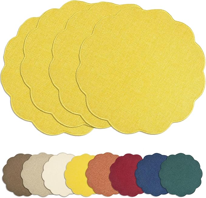 AHHFSMEI Round Faux Linen Placemats Set of 4 Waterproof Table Mats Heat Resistant Non-Slip and Stain Proof for Kitchen Dining Elegant Decor (Yellow,4)