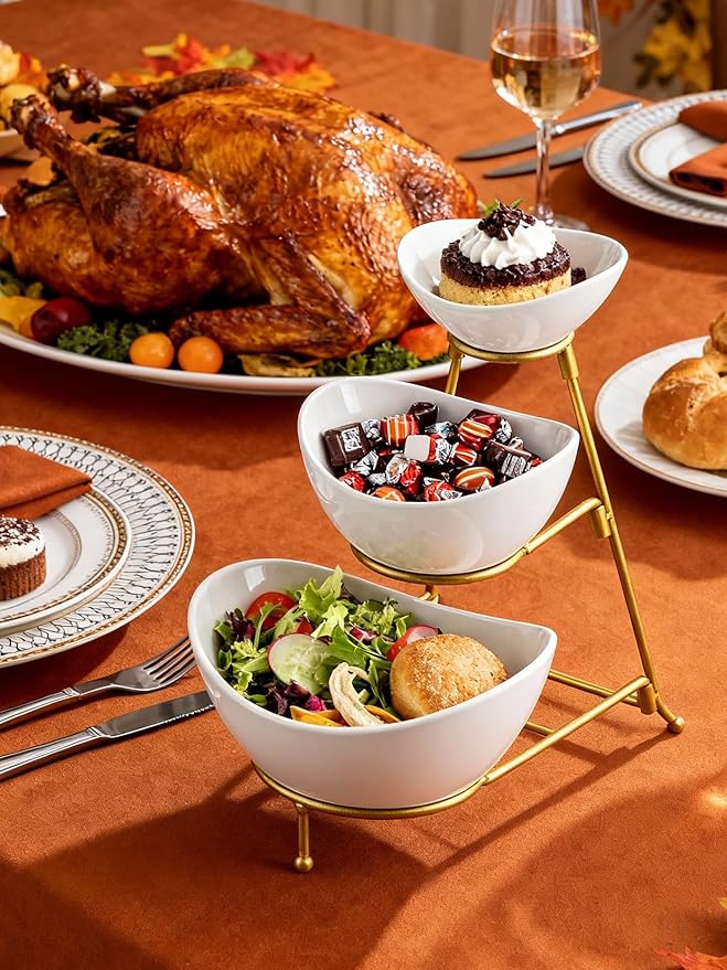 3 Tier Serving Bowls with Stand, Chips and Dip Serving Dishes Set for Entertaining Party, Ceramic Fruit Bowl for Salad Soup Snacks, Microwave & Dishwasher Safe