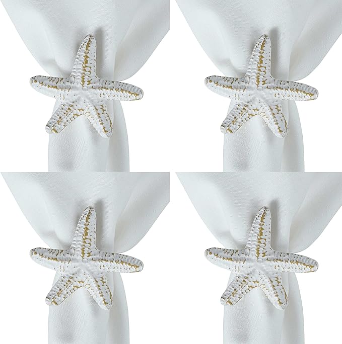 Split P Starfish Metal Napkin Ring Set of 4 | Rustic Whitewashed Aluminum Napkin Holders with Textured Starfish Design | Coastal, Beach & Nautical Table Décor | 2.75" x 3"
