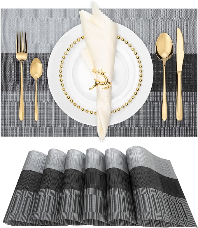 Winknowl Placemats Set of 6, Heat Resistant Non-Slip Vinyl Woven Table Mats for Dining Table, Washable Durable Elegant Place Mats for Kitchen Indoor/Outdoor Use (Black)