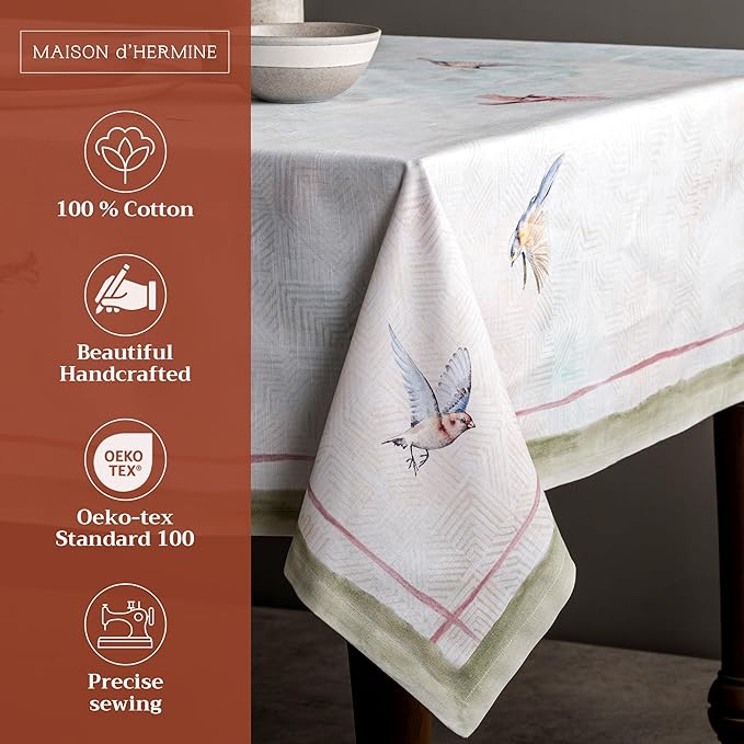 Maison d' Hermine Table Cloth Square Table 100% Cotton 54 x 54 Inches Tablecloth Reusable Decorative for Dining Room Farmhouse Home Valentines Day Decorations Spring Summer - Flying Birds
