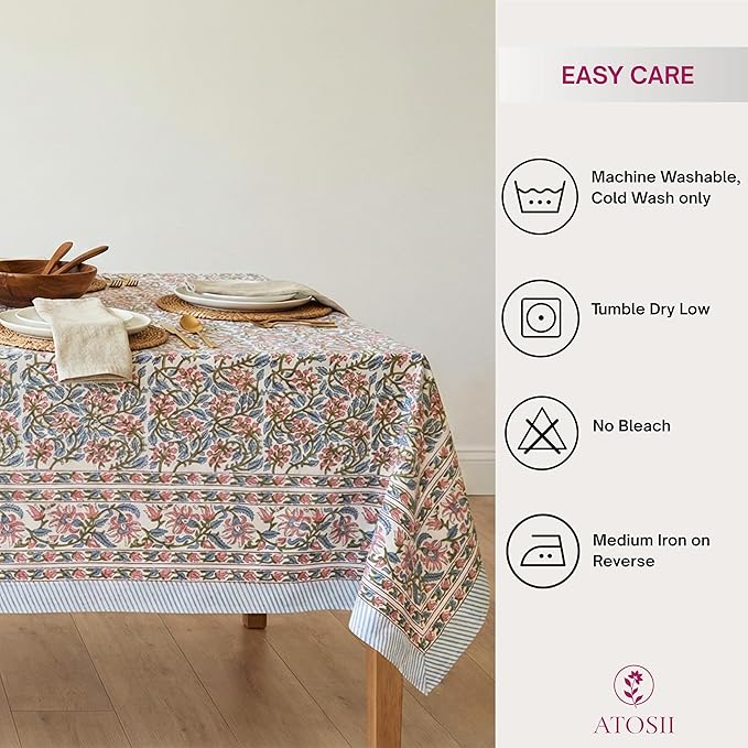 ATOSII Kalina 100% Cotton Rectangle Tablecloth, Handblock Floral Linen Table Cloth for Kitchen Dining Table I Parties Wedding Outdoors I Home Decor 60 X 90 Inches