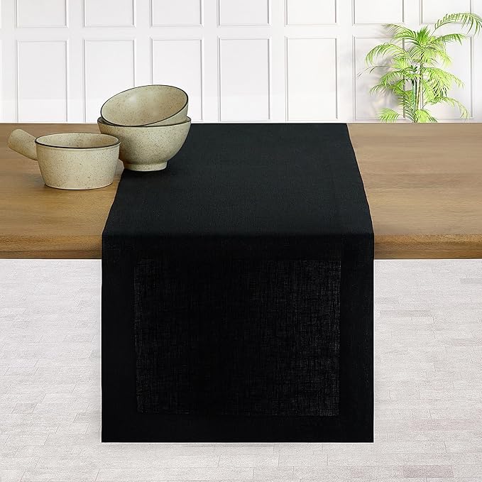 D'Moksha Homes Linen Black Table Runner 84 Inches Long - 100% Pure Linen 14 x 84 Inch Table Runner for Dining, Spring, Easter - Machine Washable