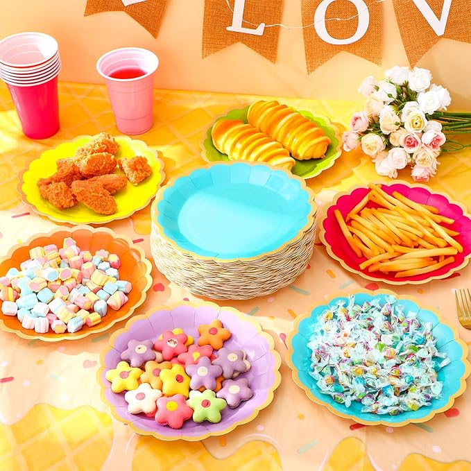 48 Pcs Neon Colorful Paper Plates 9 Inch Gradient Scalloped Paper Plates Disposable Dinner Dessert for Birthday Wedding Bridal Party Supplies, 6 Colors
