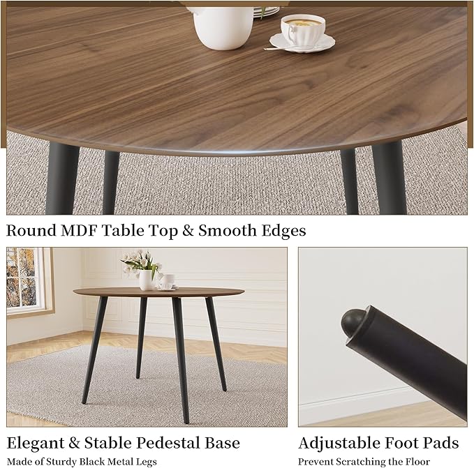 43.3 Inch Round Dining Table Set for 4, Modern Small Kitchen Coffee Set for Dining Room Kitchen Apartment (Walnut Table + 4 Brown Chairs)