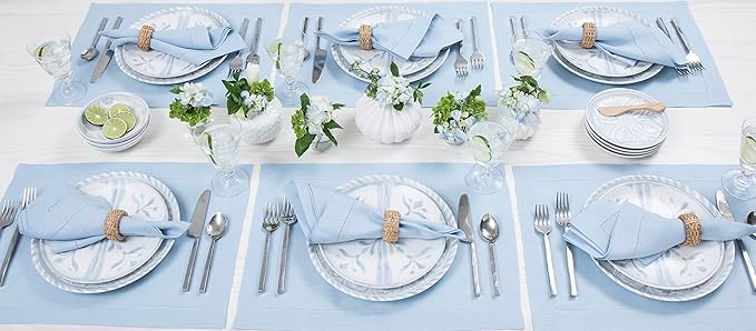 Solino Home Linen Placemats Set of 4 - Classic Hemstitch Sky Blue Placemats 14 x 19 Inch - 100% Pure Linen Table Mats for Spring, Easter