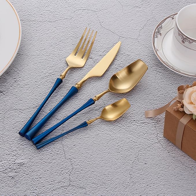 48 Piece Gold Silverware Set for 12，Durable 18/8 Stainless Steel Flatware Set Slim Waist Blue Handle Cutlery Set Utensils Include Spoons Knifes Forks Kitchen Wedding Restaurant