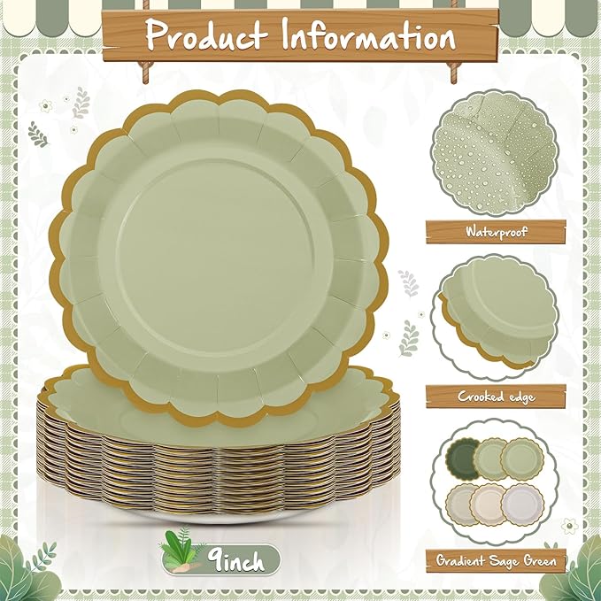 96 Pcs Sage Green Paper Plates 9 Inch Gradient Scalloped Paper Disposable Dinner Dessert Plates for Birthday Wedding Bridal Party Supplies, 6 Colors