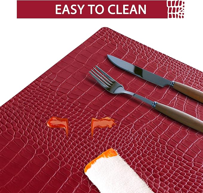 Jovono Faux Leather Placemats Set of 6, Waterproof Heat Resistant Dinner Place Mats for Dining Table, Non-Slip Crocodile Embossed, Red (17.8x11.8 Inch)