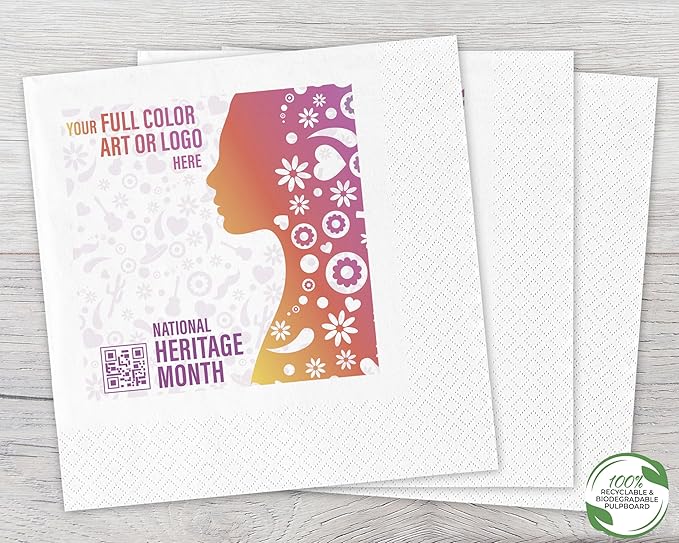 B.E. Green Custom Luncheon Napkins - Personalized Recycled Paper Content Napkins - Eco-friendly & Full-Color Digital Printed - Events & Celebrations - Pack of 50 - Diamond Edge Embossed, 6.5"x 6.5"