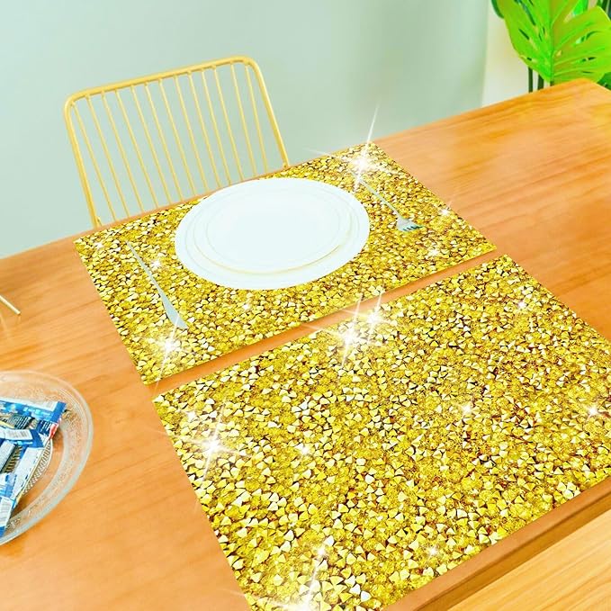 Gold Placemats Gold Heat Resistant Mat Square Placemats Trivets Rhinestone Decor Place Mat Crushed Diamond Decor Bling Sparkly Mat Set of 1