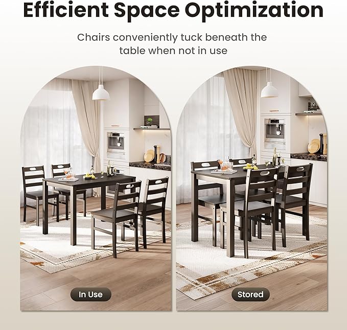 PHI VILLA Dining Table Set for 4, Solid Wood Farmhouse Kitchen Table Chairs Set of 4, 5 Piece Space-Saving Dining Room Table Set for Apartment, Dark Oak