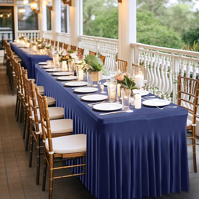 Wish Care 2 Pack Navy Blue Spandex Table Clothes for 4 Foot Rectangle Tables, 4FT Wrinkle Free Fitted Tablecloths Ruffles Design Table Cover for Party, Banquet, Wedding and Events