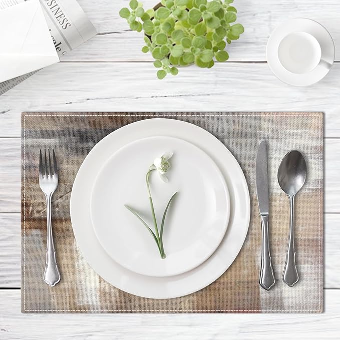 Emvency Farmhouse Placemats Set of 4, 12x18 Inch Modern Abstract White and Brown Art Painting Table Mats for Outdoor Home Party Kitchen Dining Decoration