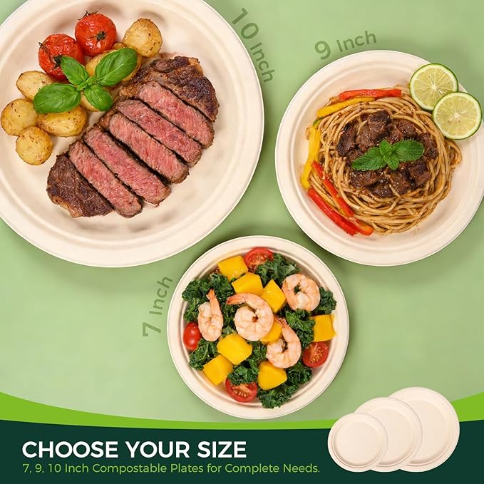 100% Compostable Plates - Disposable, Heavy Duty, Biodegradable, Eco-Friendly (Natural, 9 inch, 125-Count)