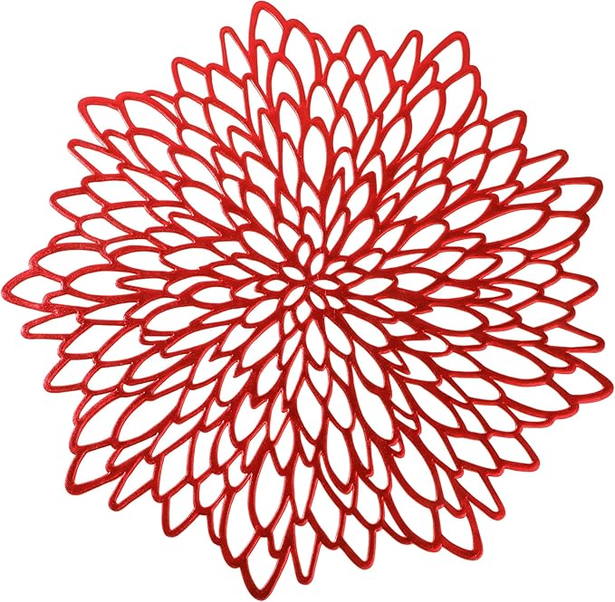 Snowkingdom 6 Pack Red Placemats Metallic Shiny Pressed Vinyl Dining Mats Round Leaf Floral Mother's Day Table Decoration for Halloween Christmas Valentine's Day Weddings Holiday Celebrations