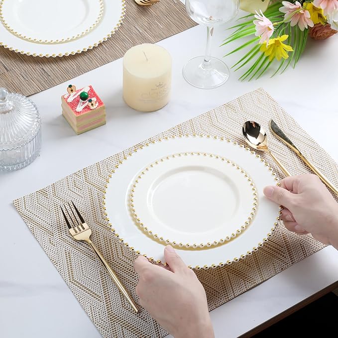 EI 60pcs Beige Plastic Plates with Gold Rim,Ivory Disposable Plates,Heavy Duty Fancy Plastic Plate,10.25" Dinner & 7.5" Dessert Plate Elegant for Party,Wedding,Birthday,Spring,Afternoon tea