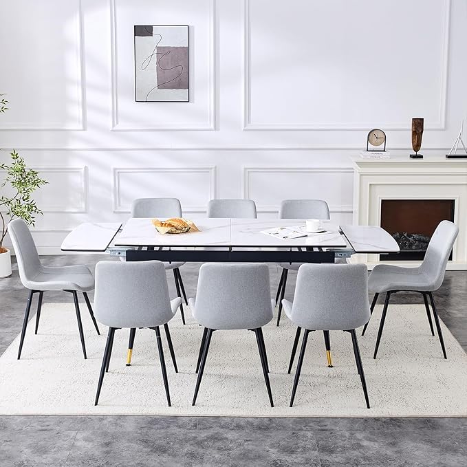 Extendable Dining Table Set for 8, 55'' to 78.8'' Rectangular Thickened Sintered Stone Kitchen Table with 8 Upholstered Chairs, Modern Space Saving 9-Piece Dinner Table Set