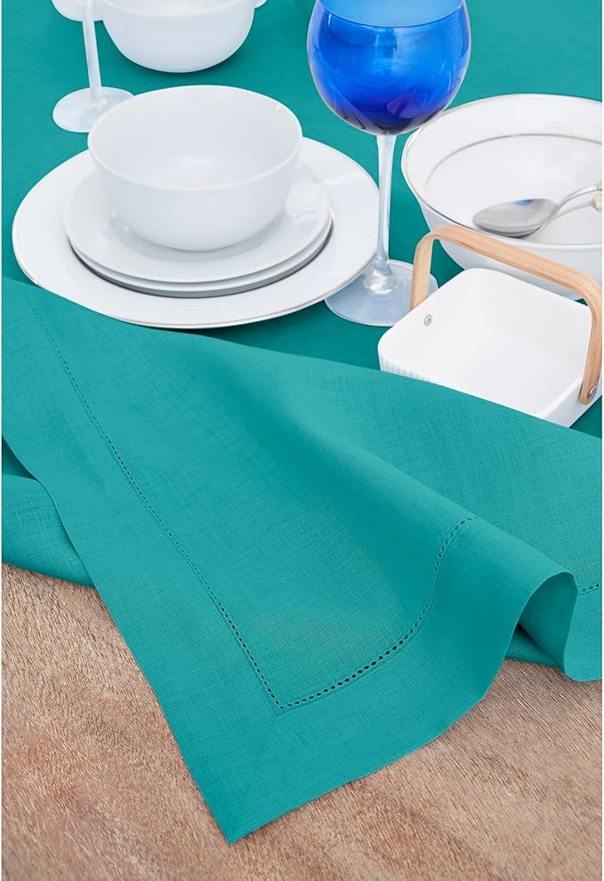 Solino Home Linen Tablecloth 54 x 72 Inch - Classic Hemstitch 100% Pure Linen Teal Table Cloth for Rectangle Tables - Machine Washable Tablecloth