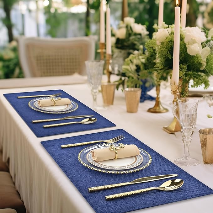 SLKQG Blue Linen-Look Placemats Set of 6, Heat Resistant & Machine Washable Double-Layered Cloth Placemats for Dining Table, Indoor/Outdoor Use, Non-Slip Kitchen Table Mats (6, Navy Blue)