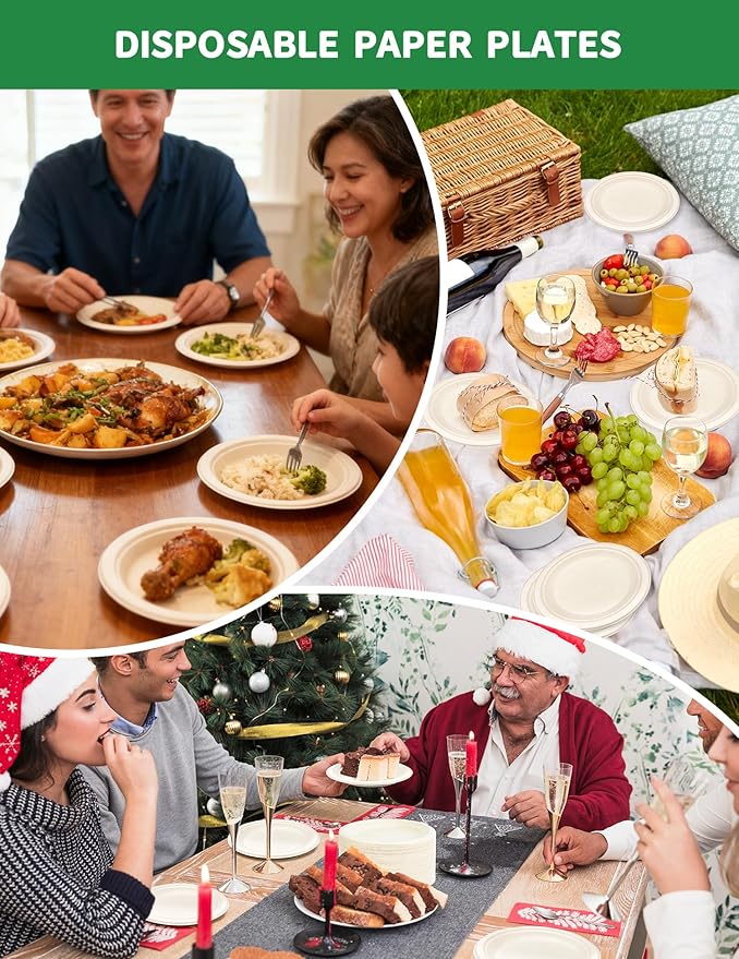 100% Compostable 7 Inch Paper Plates [144-Pack] - Biodegradable Sugarcane Bagasse Dessert Plates for Cake, Appetizers, Salads | Heavy Duty Disposable Plates for Kids Birthday & Holiday Party Supplies