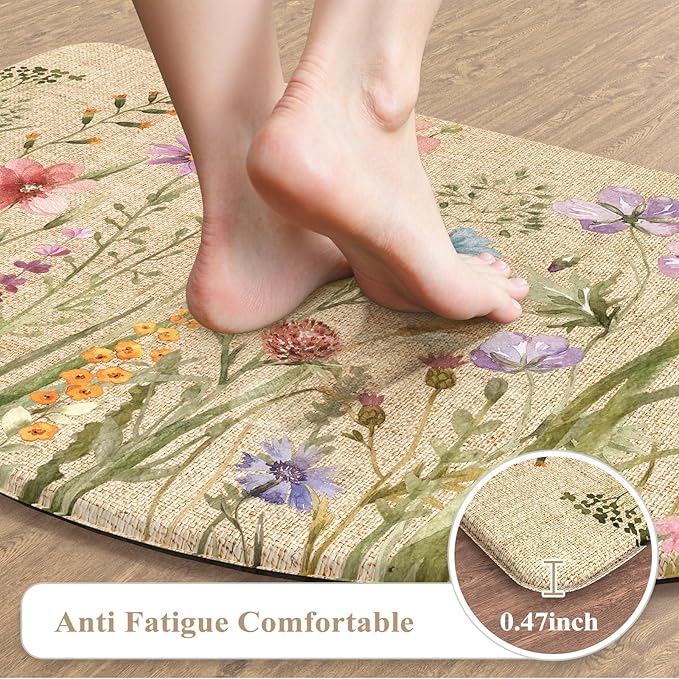 KIMODE Kitchen Mats for Floor Anti Fatigue, 18"x28" Half Round Cushioned Kitchen Floor Mats, Ergonomic Waterproof Standing Mats, Boho Kitchen Rugs Sets of 2 Non Skid for Laundry Office Light Brown