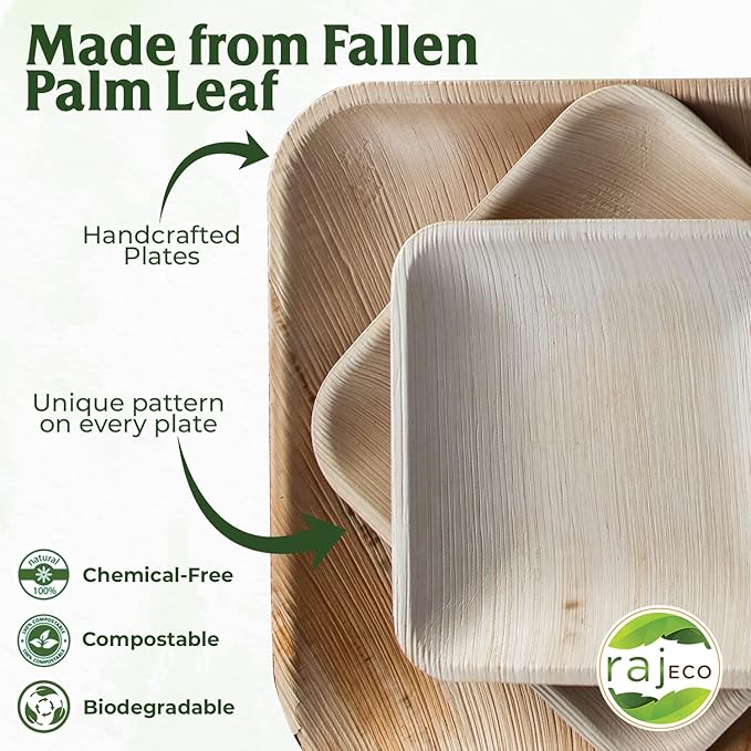 Raj Palm Leaf Plates [400-Pack] 10" Square Plates like Bamboo plates Disposable, Strong, Decorative Compostable Tableware for wedding, Lunch, Dinner, Birthday, Camping, Outdoor BBQ, Picnic…