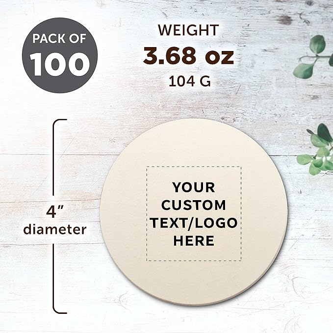 DISCOUNT PROMOS Custom Ceramic Coasters Set of 100, Personalized Bulk Pack - 4 Inches with Cork Bottom Pad, Perfect for Hotel, Bar, Restaurant - Natural