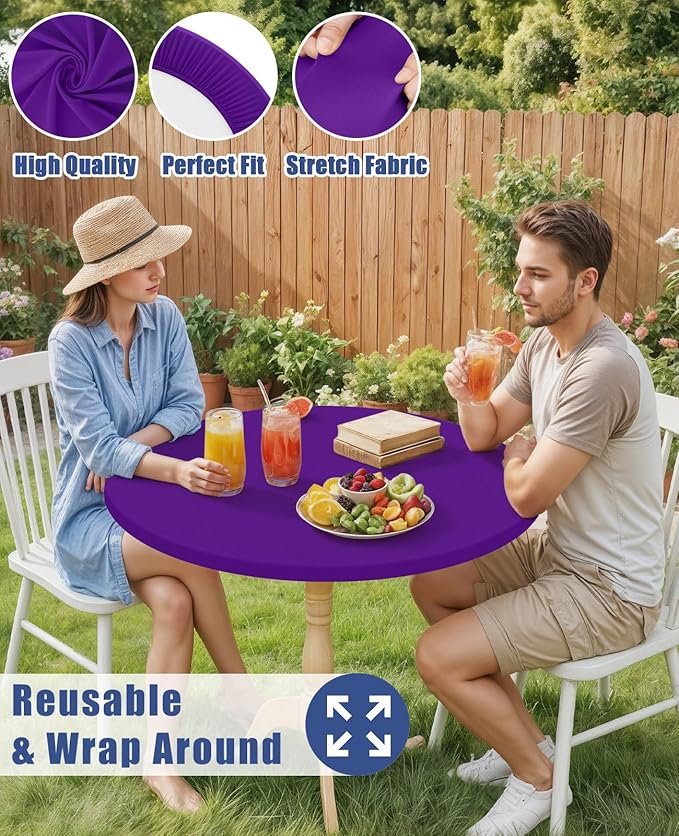 Round Spandex Tablecloth, Elastic Fitted Waterproof Tablecloths for 36"-44" Tables, Stretch Washable Picnic Table Cover for Camping, Dining, Indoor and Outdoor, Purple