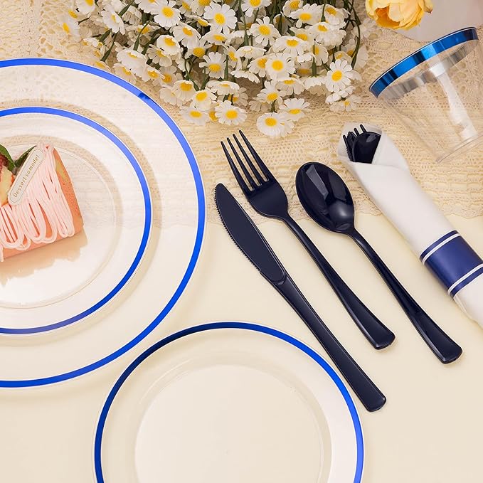 BESTSTAR 350PCS Clear and Blue Disposable Plates Set for 50 Guests, 100 Plastic Plates, 50 Cups, 50 Pre-Rolled Napkins with Plastic Cutlery for Party, Birthday, Thanksgiving, Christmas, Halloween
