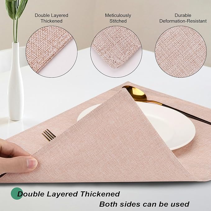 Cloth Placemats Set of 6, Cotton Linen Blend Machine Washable Double Layered Durable Place Mats Heat Resistant Placemats Wrinkle Free Thick Fabric Dining Table Mats (Light Linen, 6)