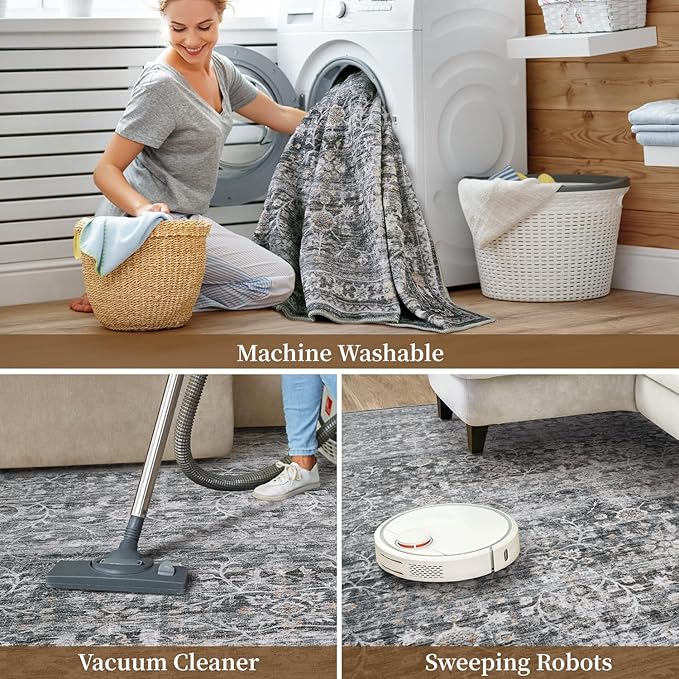 MontVoo-Vintage Area Rugs 8X10 Darkgrey Rugs for Living Room-Soft Distressed Printed Rugs for Bedroom-Non Slip Carpet-Machine Washable Rug for Dining Room Living Room Bedside Office