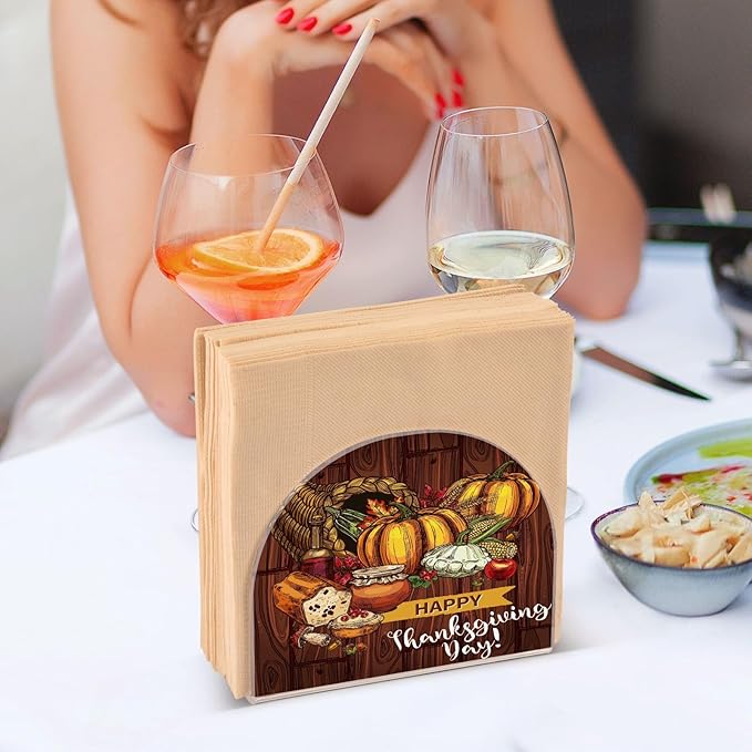 Napkin Holder Happy Thanksgiving Day Turkey Bread Pumpkin Crystal Clear Acrylic Napkin Holders, Paper Napkin Holder Dining Table Dispenser for Kitchen Restaurant Home Decor Bar Accessories