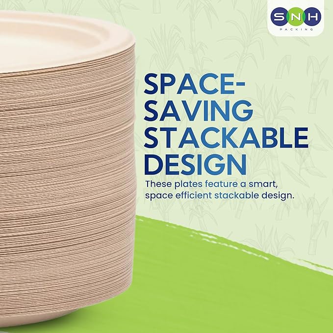 SNH Packing 100% Compostable Plates 9 Inch [125-Pack], Heavy Duty Dinner Paper Plates, Eco-Friendly Biodegradable Sugarcane Bagasse, Natural Brown Disposable Plates for Dessert, Party, BBQ & Picnic