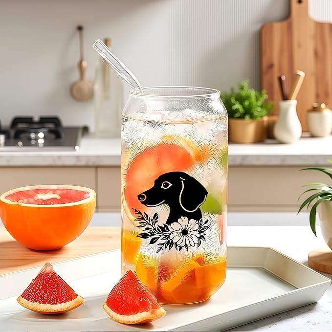 Cute Dachshund Glass Cup With Lids And Straws, Dachshund Gift For Women, Iced, Coffee, Smoothie, Cocktail, Beer, Whiskey, Soda, Matcha,16 Oz, Home Office Table Desk Decoration!