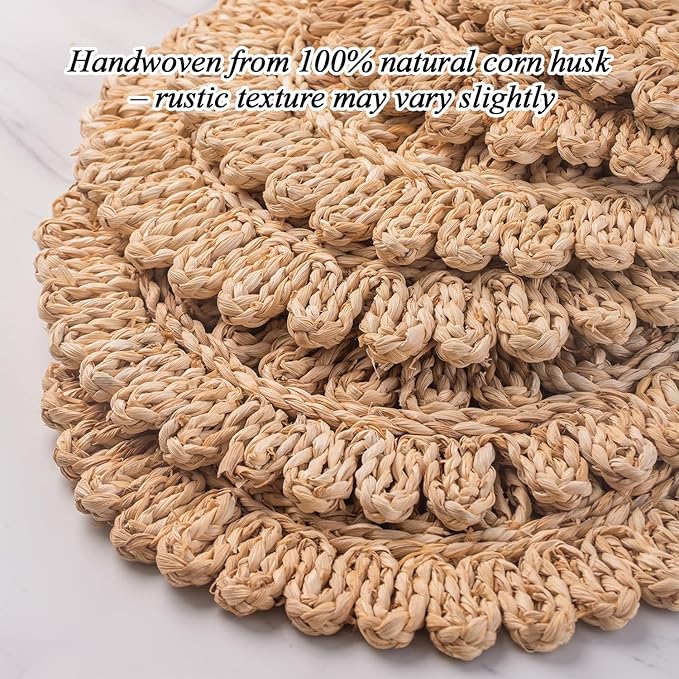 15" Set of 4 Round Corn Husk Placemats | Boho Woven Rattan Table Mats | Farmhouse Wicker Spring Plate Chargers Like Water Hyacinth, Seagrass for Wedding, Party, Christmas, Events