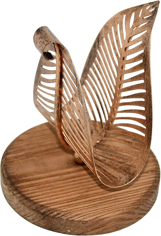 OwlGift Freestanding Modern Napkin Holder w/Bronze Metal Leaf & Brown Wooden Base Design, Tabletop Tissue Dispenser, Napkin Storage Organizer