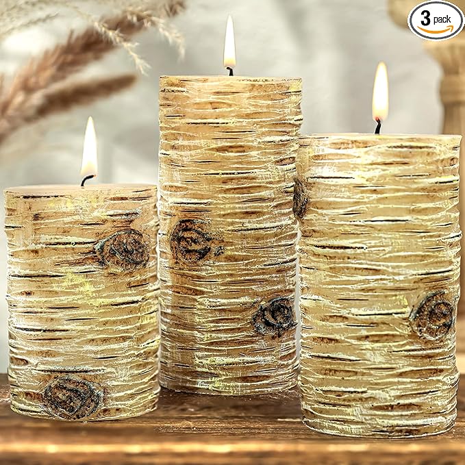 Birch Bark Texture Pillar Candles Set - Real Wax 3 Sizes (4", 5", 6" Tall) Rustic Decor Fireplace Candles, Unscented Woodland Style Pillar Candle for Modern Farmhouse, Dining Table, Holiday Decor