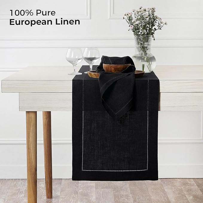 D'Moksha Homes Linen Black Table Runner 132 Inches Long - 100% Pure Linen Extra Long Table Runner 14 x 132 Inch for Spring, Easter - Classic Hemstitch