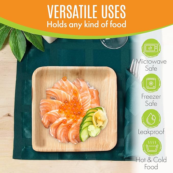 Raj Palm Leaf Plates Bulk [50-Pack] 7" Square Plates(40 CASES - 2000 PACK) like Bamboo plates Disposable, Strong, Decorative Compostable Tableware for weddings, Lunch, Dinner, Birthday, Camping