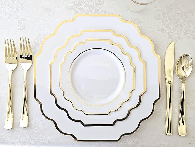 " OCCASIONS " 120 Plates Pack,(60 Guests) Heavyweight Wedding Party Disposable Plastic Plates Set -60 x 10.5'' Dinner + 60 x 8'' Salad/Dessert Plate (Imperial White & Gold)