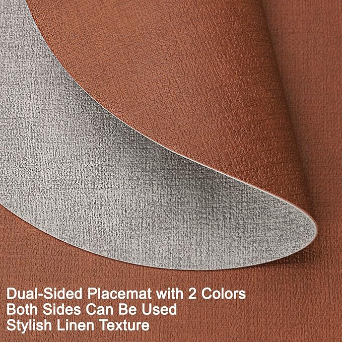 Myir JUN Reversible Vinyl Round Placemats Set of 6, Faux Leather Place Mats Dual Sided Waterproof Wipeable, Heat-Resistant Table Mats for Kitchen Dining Indoor Outdoor (14", Light Gray Reddish Brown)