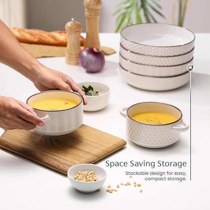 KooK Pasta Bowls, Ceramic, Embossed Serving Bowls For Stews and Salads, Large Capacity, Microwave & Dishwasher Safe, Ivory with Dark Copper Accents, Set of 4, 40 oz, Narbonne Collection