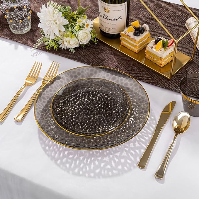 Rubtlamp 60Pcs Black Plastic Plates, Black Disposable Plates With Gold Rim, Clear Heavy-duty Party Plates, Hammered Plastic plates Include 30 Dessert Platos, 30 Dinner Platos for Party