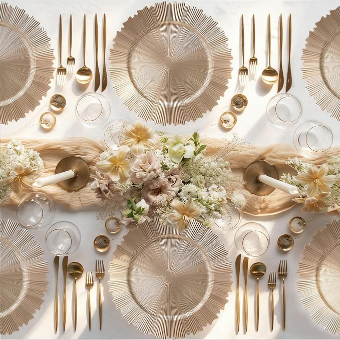 PROY 50 Pcs Champagne Gold Charger Plates, 13 Inch Elegant Fluted Edge Plastic Charger Plates, Round Gold Chargers Dinner Plate Wedding Decoration