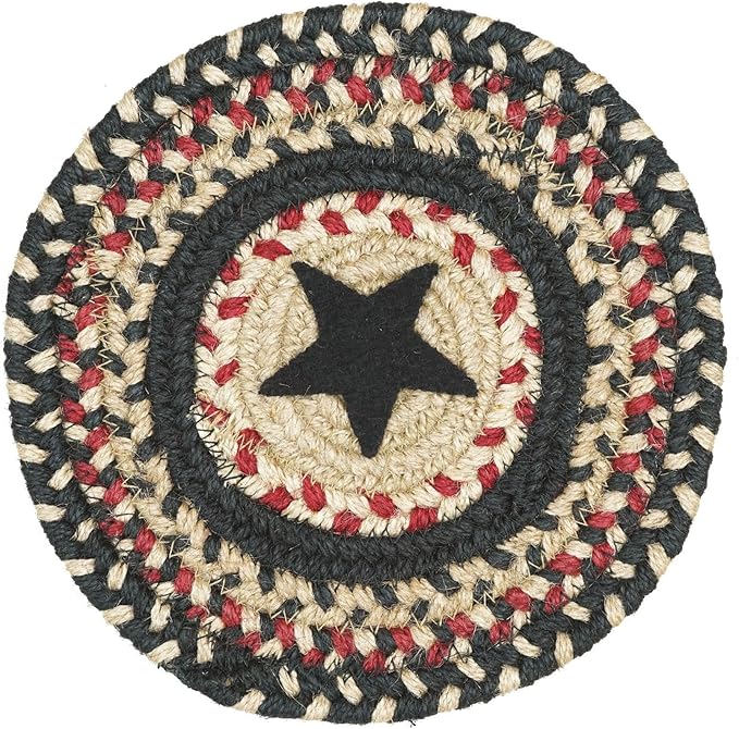 Homespice Primitive Star Gloucester Jute Braided Trivets for Table - Set of 6, Round 8", Black & Red - Rich Colors, Easy to Clean, Durable and Protects Furniture