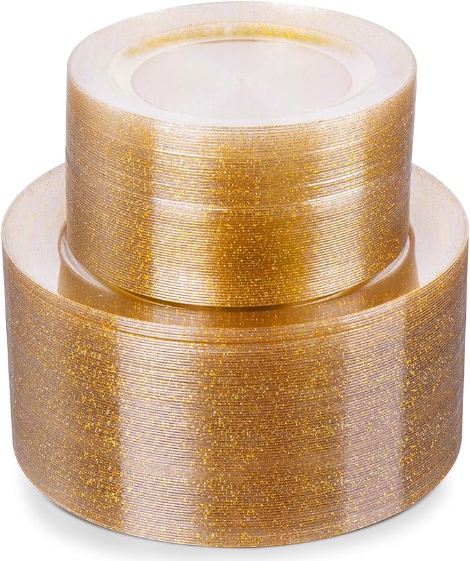 Goodluck Gold Glitter Plastic Plates - 200PCS Set: 100 Dinner (10.25 Inch), 100 Dessert (7.5 Inch) Plates - Disposable, Suitable for Parties, Weddings, Christmas