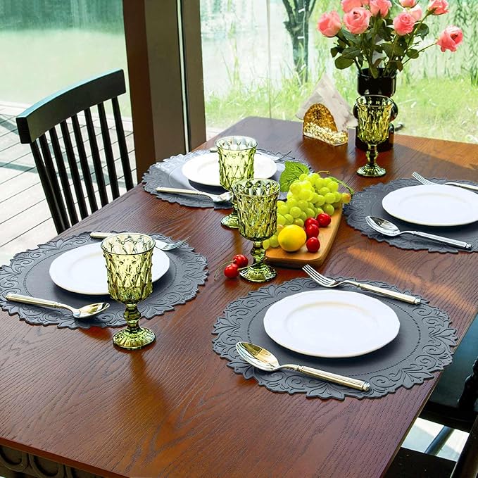 Noctiflorous Round Faux Leather 15 Inch Placemats Set of 4 Waterproof Wipeable Heat Resistant Tablemat for Dining Table Kitchen Non Slip Washable Oilproof Table Place Mat(Graphite Gray, 4)